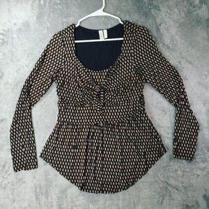 Meadow Rue Anthropologie Women’s Top M Black Geometric Ruched Boho Peplum Chic